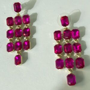 Aqua Chandelier Drop Earrings 14K Gold Plated Magenta Crystals